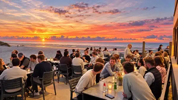 Collègues en terrasse face à la mer au coucher du soleil
