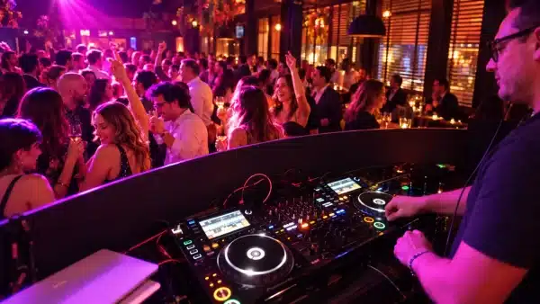 DJ aux platines face aux invités qui dansent