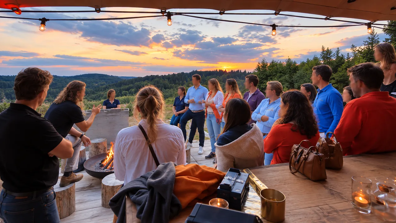 Groupe réuni sous l’abri du Woodcamp au coucher du soleil, face aux collines des Ardennes